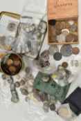 A CARDBOARD BOX CONTAINING MIXED COINS, to include a James II Shilling coin 1685, a George II