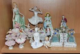 A GROUP OF FIGURES, to include Dresden figures with ceramic lace skirts, including a pair of small