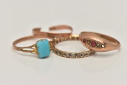 FOUR RINGS, to include an AF 9ct gold boat ring (missing stones), hallmarked 9ct Chester, ring