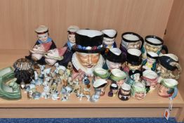 A GROUP OF CHARACTER JUGS, SAILOR DOLLS AND ANIMAL FIGURES, to include two Nora Wellings style