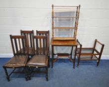 A SET OF FOUR EARLY 20TH CENTURY OAK CHAIRS, a mahogany side table, a four tier shelving unit and