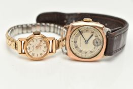 TWO WRISTWATCHES, the first a gents 9ct gold manual wind watch, round two tone dial signed 'Shock-