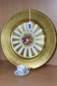 AN AYNSLEY ORCHARD GOLD GILT CABINET PLATE AND A SHELLEY MINIATURE TEACUP AND SAUCER, the plate