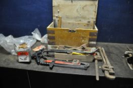 A DISTRESSED VICTORIAN GRAIN PAINTED PINE TOOLBOX CONTAINING TOOLS including a vintage Draper Torque
