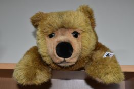 A STEIFF URS BROWN BEAR, No.069673, soft plush brown bear in a lying position, button and tag to