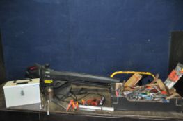 A TRAY AND A BOX CONTAINING TOOLS including a Snap On BGA173B pick, a Racing garden blower vac (