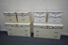 A SELECTION OF CREAM ITALIAN BEDROOM FURNITURE, to include a pair of three drawer chests, width