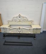 A CREAM ITALIAN 5FT BEDSTEAD, with flamboyant decorations, siderails, bespoke slats, along with a