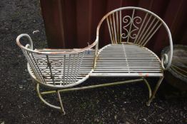 AN ALUMINIUM OPPOSING TWO SEATED LOVE BENCH, length 108cm (condition report: well rusted in places)