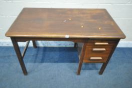 AN EARLY 20TH CENTURY OAK ABBESS DESK, fitted with a brushing slide and two drawers, width 122cm x