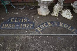 AN ARCHED METAL SIGN, READING ROCK 'N' ROLL, width 127cm, and another metal sign reading ELVIS