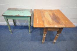 A 19TH CENTURY PINE DROP LEAF TABLE, raised on turned legs, width 91cm x depth 98cm x height 74cm,