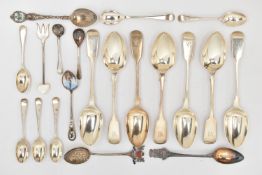 A SELECTION OF SILVER CUTLERY, to include eight fiddle pattern teaspoons, each with engraved