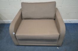 A BROWN UPHOLSTERED ARMCHAIR / FOLD OUT BED, width 113cm x depth 100cm x height 77cm (condition