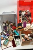 A LARGE ASSORTMENT OF COSTUME JEWELLERY, two boxes of assorted jewellery, to include, necklaces,