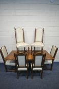 AN EARLY 20TH CENTURY OAK DRAWER LEAF DINING TABLE, open length 183cm x closed length 122cm x