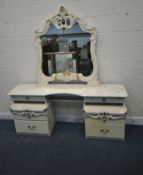 A PAIR OF ITALIAN CREAM TWO DRAWER BEDSIDE CHESTS, with a matching dressing table top resting on