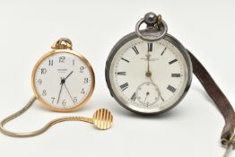 TWO OPEN FACE POCKET WATCHES, the first a silver key wound, open face pocket watch, round white dial