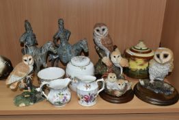 A GROUP OF CERAMICS, METALWARE AND OWL FIGURES, comprising four pieces of Royal Crown Derby 'Derby