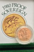 A CASED PROOF FULL GOLD SOVEREIGN COIN 1980 IN ROYAL MINT CASE OF ISSUE, with certificate