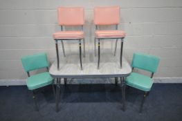 A RECTANGULAR FORMICA TOP EXTENDING DINING TABLE, with one additional leaf, raised on tubular