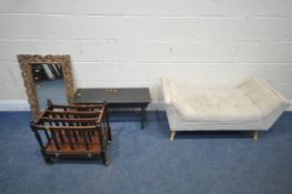 A BEIGE UPHOLSTERED BUTTONED WINDOW SEAT, a magazine rack, a wall mirror, a folding tray and a