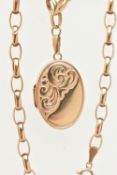 A 9CT YELLOW GOLD LOCKET AND CHAIN, the oval-shape locket with scroll detail, suspended from a