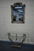 A TUBULAR METAL CONSOLE TABLE, with rope effect details and a glass top, width 130cm x depth 50cm