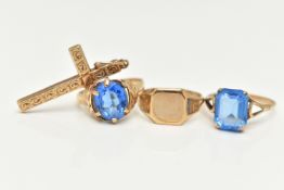 THREE RINGS AND A CROSS PENDANT, to include an AF 9ct gold signet ring, misshapen band, hallmarked