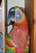A LARGE FLOOR PAINTED CARVED WOOD PARROT, floor standing, height 100cm and two carved wood walking