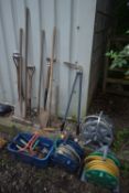 A SELECTION OF VINTAGE HAND TOOLS, to include three spades, rake, shears, etc, along with a tub of