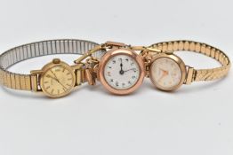 THREE LADIES WRISTWATCHES, to include a 9ct gold manual wind watch, missing crown, hallmarked 9ct