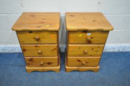 A PAIR OF MODERN PINE THREE DRAWER BEDSIDE CHESTS, width 45cm x depth 41cm x height 66cm (