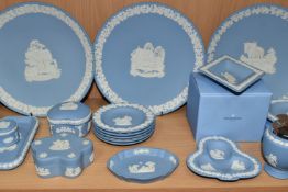 A QUANTITY OF WEDGWOOD JASPERWARE, twenty four pieces in pale blue, to include plates, vases,