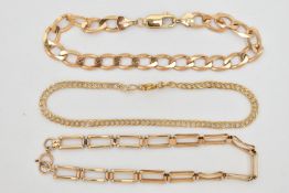 A SELECTION OF THREE 9CT YELLOW GOLD BRACELETS, to include a flat curb link bracelet with lobster