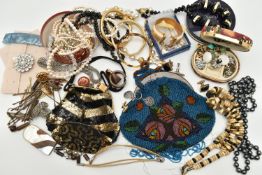 A BOX OF ASSORTED COSTUME JEWELLERY, to include a polished rolled gold bangle, beaded necklaces,