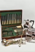 A BOX OF WHITE METAL WARE, to include a 'Garrard & Co Ltd' Regent plate four piece tea set