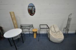 A VARIETY OF OCCASIONAL FURNITURE, to include a bean bag, a circular Formica table, a folding stool,
