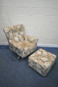 A SWIVEL ARMCHAIR, with foliate upholstery, width 85cm x depth 87cm x height 98cm, along with a