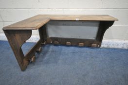 A LATE 20TH CENTURY OAK WALL HANGING CORNER COAT RACK, with seven pegs, width 105cm x depth 58cm x