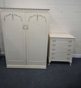 A LARGE WHITE DOUBLE DOOR WARDROBE, width 123cm x depth 56cm x height 177cm, along with a matching
