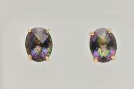 A PAIR OF MYSTIC TOPAZ STUD EARRINGS, each designed as an oval mystic topaz in a four claw