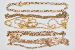 A SELECTION OF YELLOW METAL CHAINS, BRACELETS AND BROKEN CHAINS, to include a rope-twist chain