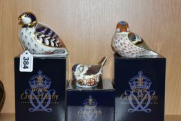 THREE BOXED ROYAL CROWN DERBY PAPERWEIGHTS, comprising Red Legged Partridge, Derwent Goldcrest and