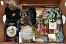 A BOX OF ASSORTED ITEMS, to include various sporting medals, costume jewellery, 'Stratton'
