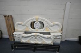 A CREAM ITALIAN 5FT BEDSTEAD, with flamboyant decorations, side rails, bespoke slats, along with a