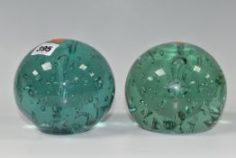 TWO VICTORIAN GREEN AND AQUA GLASS DUMP WEIGHTS, with controlled bubbles, rough pontil marks,