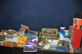 THREE TRAYS AND A HARDWARE CADDY CONTAINING TOOLS AND HARDWARE including brass and steel slotted