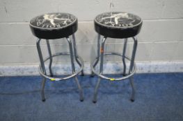 A PAIR OF CHROME TUBULAR METAL BAR STOOLS, with vinyl upholstery, reading 'the king of rock and