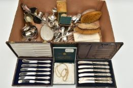 A BOX OF ASSORTED METAL WARE, to include three damaged dwarf candle sticks, two hallmarked